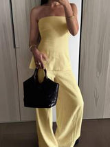 INAWLY 2pcs/Set Women's Summer Solid Color Bandeau Top And Pants Set