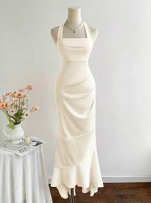 Elamini Women's Elegant Solid Color Fishtail Hem Halter Dress