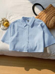 Summer White Textured Woven Short Blouse For Women Polo Shirts For Women