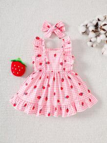2 Pieces Newborn Baby Girl Pink Strawberry Plaid Print Dress With Cute Bow Headband, 0-3 Months, Adorable, Sweet, Soft, Stretchy, Comfortable, Ruffled Trim, Suitable For Outdoor, Travel, Photography, Spring/Summer New Arrivals