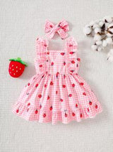 2 Pieces Newborn Baby Girl Pink Strawberry Plaid Print Dress With Cute Bow Headband, 0-3 Months, Adorable, Sweet, Soft, Stretchy, Comfortable, Ruffled Trim, Suitable For Outdoor, Travel, Photography, Spring/Summer New Arrivals