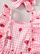 2 Pieces Newborn Baby Girl Pink Strawberry Plaid Print Dress With Cute Bow Headband, 0-3 Months, Adorable, Sweet, Soft, Stretchy, Comfortable, Ruffled Trim, Suitable For Outdoor, Travel, Photography, Spring/Summer New Arrivals