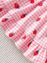 2 Pieces Newborn Baby Girl Pink Strawberry Plaid Print Dress With Cute Bow Headband, 0-3 Months, Adorable, Sweet, Soft, Stretchy, Comfortable, Ruffled Trim, Suitable For Outdoor, Travel, Photography, Spring/Summer New Arrivals