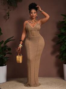 easyown 2025 Spring/Summer New Boho Vacation Casual Party Khaki Knitted Hollow Mesh Camisole Midi Dress, Plus Size