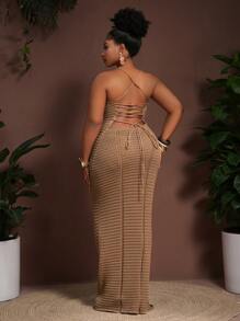 easyown 2025 Spring/Summer New Boho Vacation Casual Party Khaki Knitted Hollow Mesh Camisole Midi Dress, Plus Size