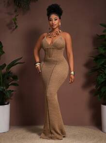 easyown 2025 Spring/Summer New Boho Vacation Casual Party Khaki Knitted Hollow Mesh Camisole Midi Dress, Plus Size