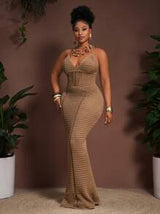 easyown 2025 Spring/Summer New Boho Vacation Casual Party Khaki Knitted Hollow Mesh Camisole Midi Dress, Plus Size