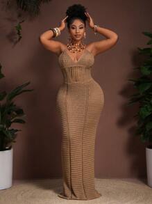 easyown 2025 Spring/Summer New Boho Vacation Casual Party Khaki Knitted Hollow Mesh Camisole Midi Dress, Plus Size