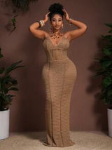 easyown 2025 Spring/Summer New Boho Vacation Casual Party Khaki Knitted Hollow Mesh Camisole Midi Dress, Plus Size