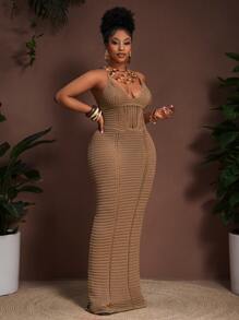 easyown 2025 Spring/Summer New Boho Vacation Casual Party Khaki Knitted Hollow Mesh Camisole Midi Dress, Plus Size