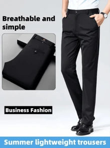 1 Pc Men's Classic Business Trousers, Solid Color 4-Season Slightly Elastic Suit Pants, Straight Fit Casual Dress Pants
