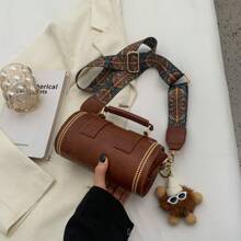 1pc Retro Mini Cylinder Handbag For Women, Shoulder Crossbody Bag For Daily Use (With Fur Decor)