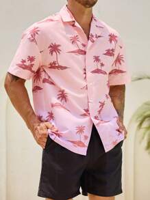 Manfinity VDAYZ Men's Vacation Casual Coconut Tree Printed Shirt And Shorts Beach Outfit Set