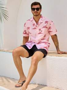 Manfinity VDAYZ Men's Vacation Casual Coconut Tree Printed Shirt And Shorts Beach Outfit Set