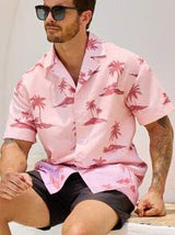 Manfinity VDAYZ Men's Vacation Casual Coconut Tree Printed Shirt And Shorts Beach Outfit Set