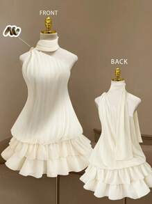 Celure Solid Color Pleated Simple Chic Dress, Fashionable Suitable For Summer