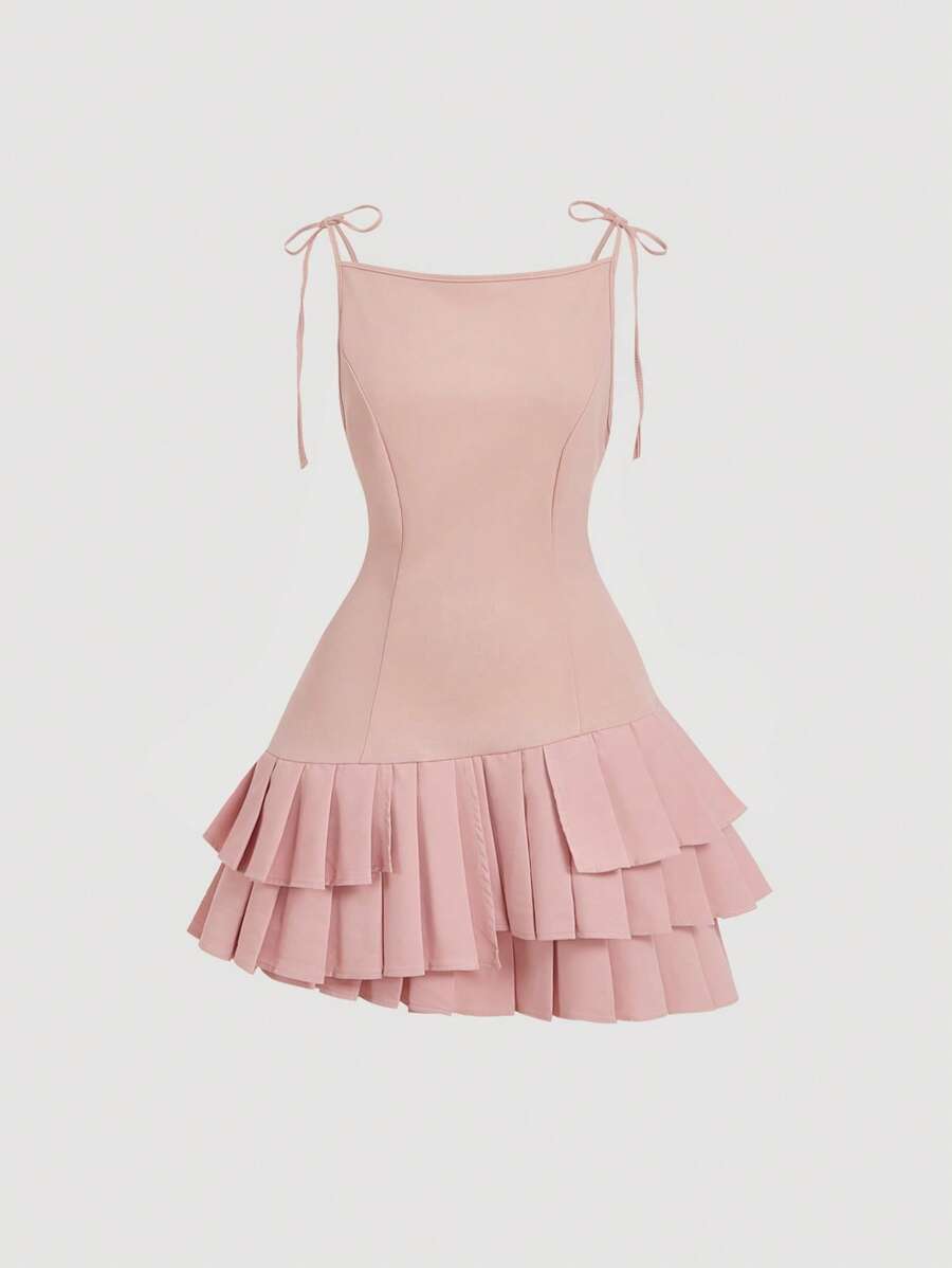 Women's Vintage Sweet Pleated Hem, Bowknot Waist Midi Dress, Pink Mini Dress Back To School Clothes Birthday Outfit Homecoming Dresses Prom Dress Bachelorette Outfits