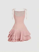 Women's Vintage Sweet Pleated Hem, Bowknot Waist Midi Dress, Pink Mini Dress Back To School Clothes Birthday Outfit Homecoming Dresses Prom Dress Bachelorette Outfits