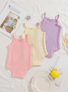 Vintaside Kids 3pcs/Set Newborn Baby Girls' Comfy Versatile Simple Solid Color Knit Camisole Romper Set, Spring/Summer