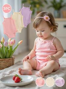 Vintaside Kids 3pcs/Set Newborn Baby Girls' Comfy Versatile Simple Solid Color Knit Camisole Romper Set, Spring/Summer
