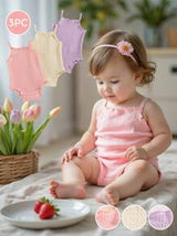 Vintaside Kids 3pcs/Set Newborn Baby Girls' Comfy Versatile Simple Solid Color Knit Camisole Romper Set, Spring/Summer