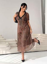 easyown Plus Size Leopard Print Mesh & Contrast Lace V-Neck Dress Flowy Dress Milkmaid Dress