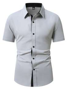 Manfinity Mode Men's Solid Color Short Sleeve Single-Breasted Casual Commuter Shirt, Summer Men Fitted Shirts Men Business Casual Shirts Men's Slim Fit Shirts Short Sleeve Dress Shirts Fitted Shirts For Men