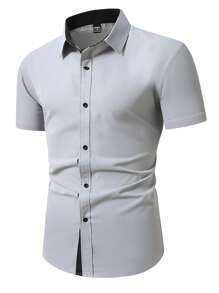 Manfinity Mode Men's Solid Color Short Sleeve Single-Breasted Casual Commuter Shirt, Summer Men Fitted Shirts Men Business Casual Shirts Men's Slim Fit Shirts Short Sleeve Dress Shirts Fitted Shirts For Men