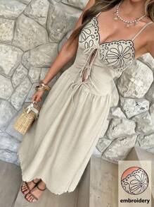 Siren Gaze New Summer Imitation Linen Embroidered Long Dress For Women, Heavy Contrast Embroidered Suspender Long Dress For Women, Bohemian, Holiday Long Dress For Women, Mother Day Dress, Summer Dresses For Women, Graduation Dress, Sun Dresses For Women,