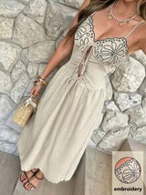 Siren Gaze New Summer Imitation Linen Embroidered Long Dress For Women, Heavy Contrast Embroidered Suspender Long Dress For Women, Bohemian, Holiday Long Dress For Women, Mother Day Dress, Summer Dresses For Women, Graduation Dress, Sun Dresses For Women,