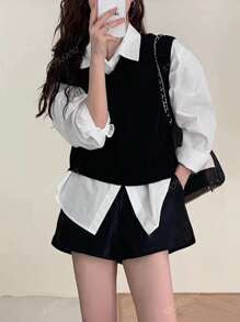 Minimalist Polo Collar Unisex Long Sleeve Solid Color Loose Casual Blouse For Women