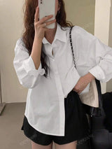 Minimalist Polo Collar Unisex Long Sleeve Solid Color Loose Casual Blouse For Women