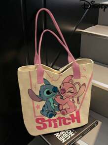 Disney 1pc (Disney Authorized) Stitch,Mickey Mouse,Disney Princess,PLUTO Series Beige Simple And Fashionable Cartoon Canvas Bag, Girl's Portable Tote Bag.