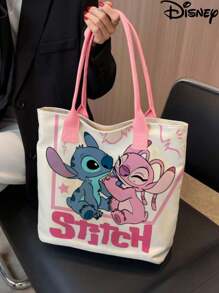 Disney 1pc (Disney Authorized) Stitch,Mickey Mouse,Disney Princess,PLUTO Series Beige Simple And Fashionable Cartoon Canvas Bag, Girl's Portable Tote Bag.