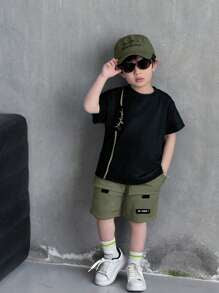 2pcs/Set Boy Casual Versatile Round Neck T-Shirt And Neon Green Cargo Shorts Set, Suitable For Spring/Summer, Daily Wear, Sports, Outings, School, Gatherings, Holidays, Performances, Photography