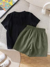 2pcs/Set Boy Casual Versatile Round Neck T-Shirt And Neon Green Cargo Shorts Set, Suitable For Spring/Summer, Daily Wear, Sports, Outings, School, Gatherings, Holidays, Performances, Photography
