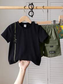 2pcs/Set Boy Casual Versatile Round Neck T-Shirt And Neon Green Cargo Shorts Set, Suitable For Spring/Summer, Daily Wear, Sports, Outings, School, Gatherings, Holidays, Performances, Photography