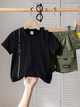 2pcs/Set Boy Casual Versatile Round Neck T-Shirt And Neon Green Cargo Shorts Set, Suitable For Spring/Summer, Daily Wear, Sports, Outings, School, Gatherings, Holidays, Performances, Photography