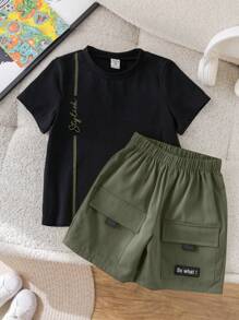 2pcs/Set Boy Casual Versatile Round Neck T-Shirt And Neon Green Cargo Shorts Set, Suitable For Spring/Summer, Daily Wear, Sports, Outings, School, Gatherings, Holidays, Performances, Photography