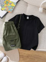 2pcs/Set Boy Casual Versatile Round Neck T-Shirt And Neon Green Cargo Shorts Set, Suitable For Spring/Summer, Daily Wear, Sports, Outings, School, Gatherings, Holidays, Performances, Photography