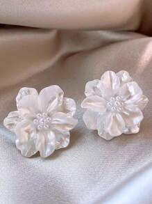 1 Pair Fashionable Elegant Flower & Pearl White Earrings, Suitable For Daily Wear, Travel And Vacation