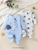 2pcs Newborn Simple Cute Elephant Print White & Blue Long Sleeve & Leg Footed Romper Sleepwear Set