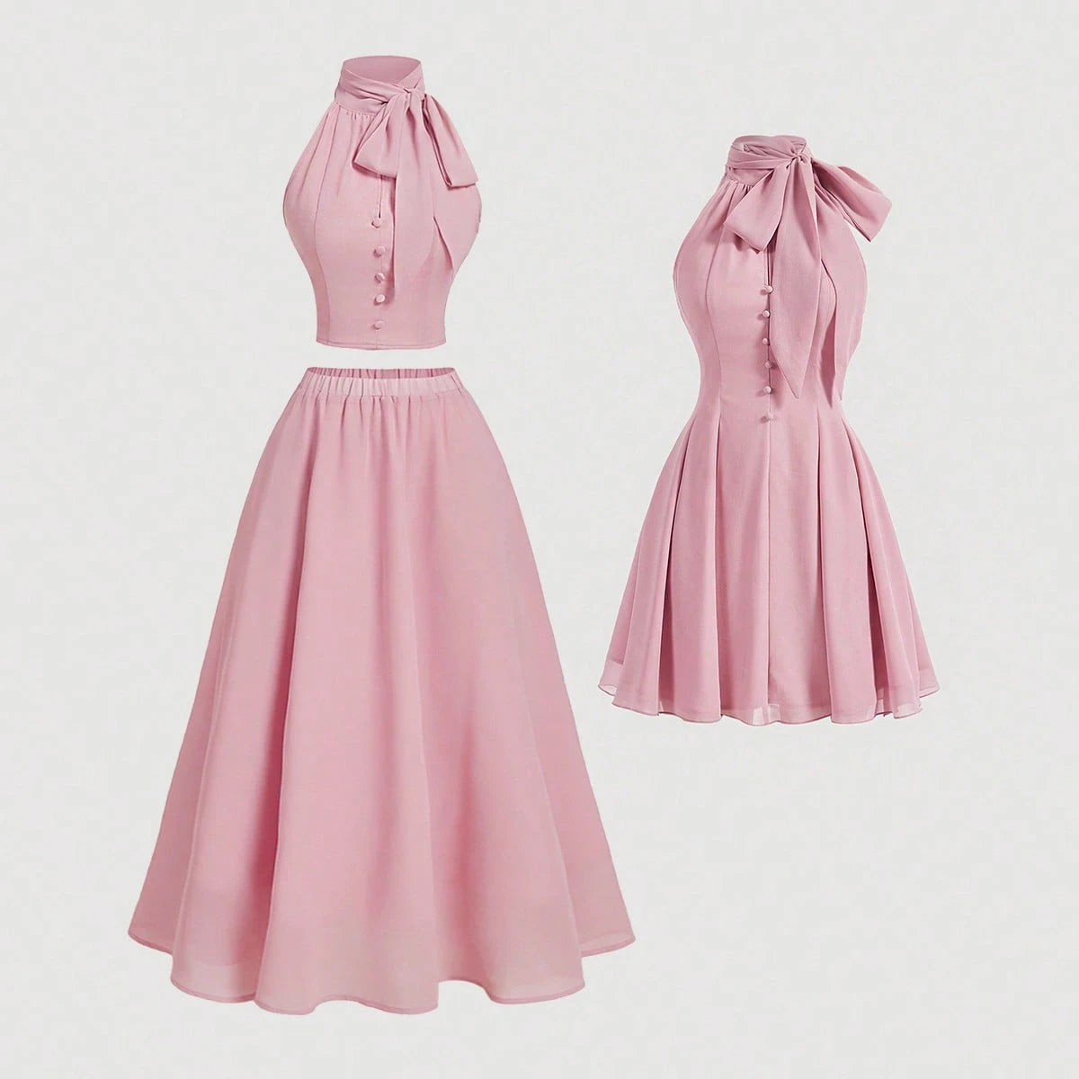 Pink Ribbon Bow Tie Strap Neck Romantic Dress