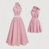 Pink Ribbon Bow Tie Strap Neck Romantic Dress