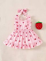 2 Pieces Newborn Baby Girl Pink Strawberry Plaid Print Dress With Cute Bow Headband, 0-3 Months, Adorable, Sweet, Soft, Stretchy, Comfortable, Ruffled Trim, Suitable For Outdoor, Travel, Photography, Spring/Summer New Arrivals