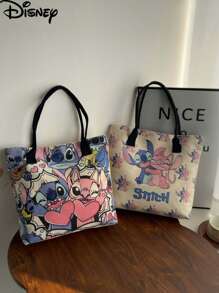 Disney 1pc (Disney Authorized) Stitch,Mickey Mouse,Disney Princess,PLUTO Series Beige Simple And Fashionable Cartoon Canvas Bag, Girl's Portable Tote Bag.