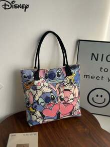 Disney 1pc (Disney Authorized) Stitch,Mickey Mouse,Disney Princess,PLUTO Series Beige Simple And Fashionable Cartoon Canvas Bag, Girl's Portable Tote Bag.