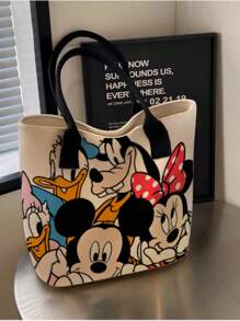 Disney 1pc (Disney Authorized) Stitch,Mickey Mouse,Disney Princess,PLUTO Series Beige Simple And Fashionable Cartoon Canvas Bag, Girl's Portable Tote Bag.