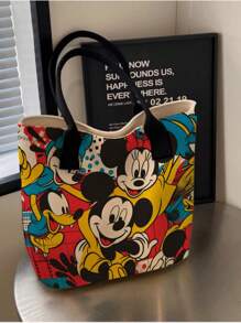 Disney 1pc (Disney Authorized) Stitch,Mickey Mouse,Disney Princess,PLUTO Series Beige Simple And Fashionable Cartoon Canvas Bag, Girl's Portable Tote Bag.