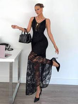Siren Gaze Summer New Black Lace Elegant Long Dress Female Elegant Lace Long Dress, Sexy Elegant Perspective Lace Suspender Dress, Black Long Dress Women Dresses Birthday